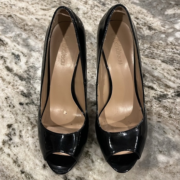 Aldo black patent leather open toe high heels, size 8 - Picture 2 of 7